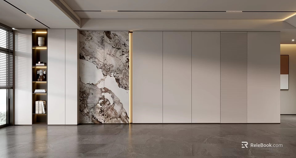 Elegant Modern Sofa Background Wall Design With Marble Texture Panel And Lighting 3d model