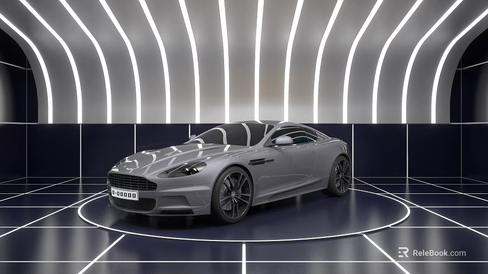 Silver Luxury Sports Car Showcased In Modern Display Area With Curved Lighting And White Lines 3d model 