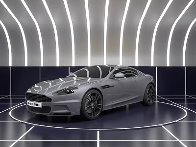 Silver Luxury Sports Car Showcased In Modern Display Area With Curved Lighting And White Lines 3d model