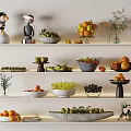 Assorted Fresh Fruits Displayed on Shelves with Various Bowls and Platters