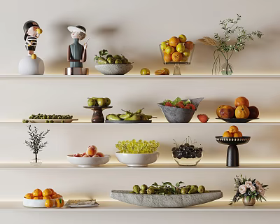 Assorted Fresh Fruits Displayed on Shelves with Various Bowls and Platters 3d model