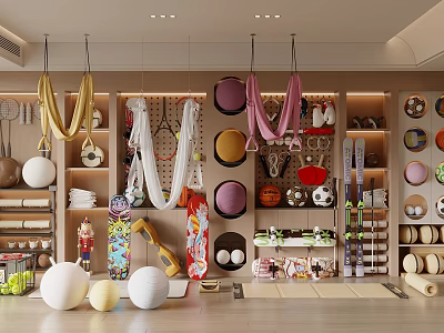 Fitness Sports Equipment Store Display With Hanging Yoga Straps Exercise Balls Skateboards And Ski Gear 3d model
