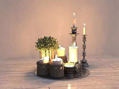 Elegant Candle Lamps with Multiple Holders on Round Tray and Green Plant 3d model