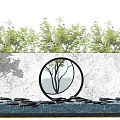 Scenic Wall Featuring Circular Opening Tree Motif Marble Surface Green Trees Water and Stone Elements