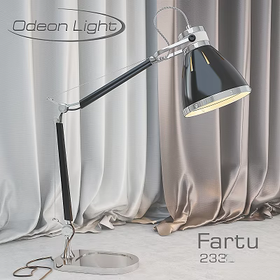Modern Desk Lamp With Adjustable Metal Arm And Black Lampshade Against Light Gray Curtains 3d model