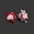 Two Pink Haired Characters in Red White Form Fitting Suits with Mechanical Details Gray Background