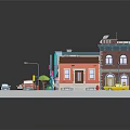 Cartoon Street Scene With Colorful Buildings Cars Street Lamps Trees And Shop Signs