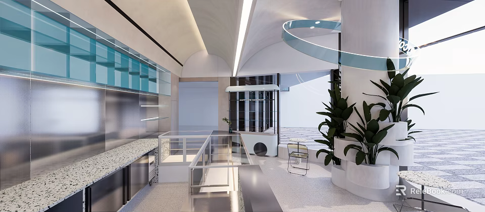 Modern Dessert Shop Interior Design With Open Kitchen And Glass Display Counter 3d model 
