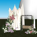 Scenic Outdoor Photo Spot With White Drapes Colorful Flowers Swing Bench Green Trees And Grass