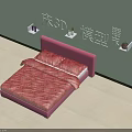 Pink Headboard Double Bed With Orange Patterned Bedspread And Wall Shelves 3d model