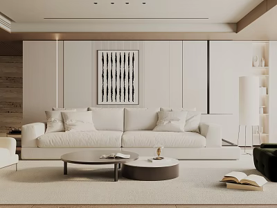 Minimalist Modern Living Room Interior With White Sofa Cushions Abstract Painting Round Coffee Table And Floor Lamp 3d model