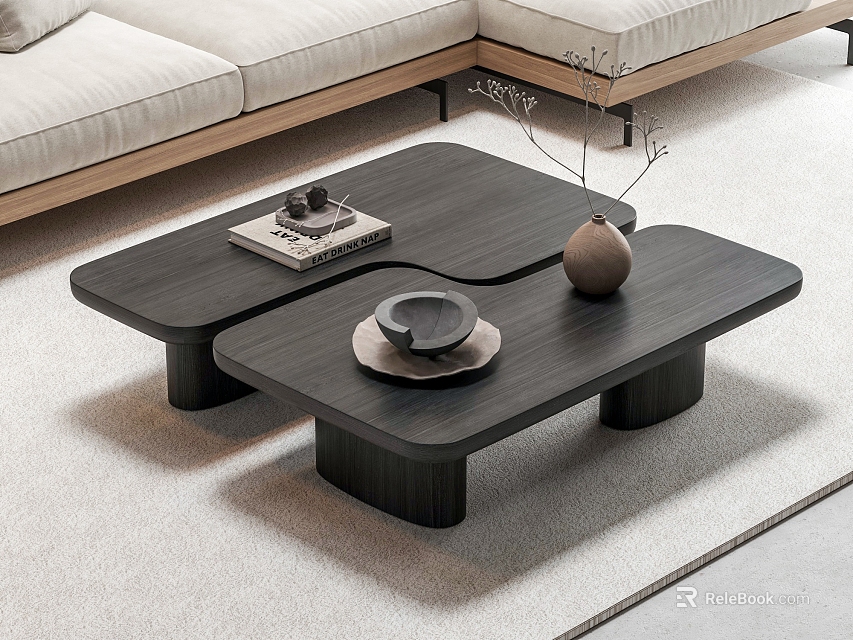 Modern Dark Wooden Coffee Table With Unique Design And Decorative Cup Vase And Book 3d model 