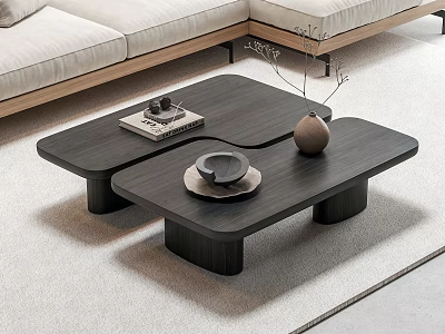 Modern Dark Wooden Coffee Table With Unique Design And Decorative Cup Vase And Book 3d model