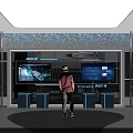 Person Standing In Tech Control Room With Large Blue Data Screen Icons And Circular Lights 3d model