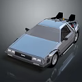 Silver DeLorean Car With Gull Wing Doors And Futuristic Roof Components