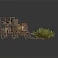 Traditional Wooden Cart Market Display With Baskets Fish Grass And Wooden Shelves