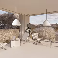 Hotel Public Lounge Area With Scenic Mountain View And Wooden Lounge Chairs