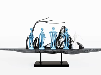 Blue Humanoid Figurines And Black Branch Decorative Ornament Set With Stone Elements On Black Base 3d model