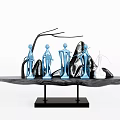 Blue Humanoid Figurines And Black Branch Decorative Ornament Set With Stone Elements On Black Base