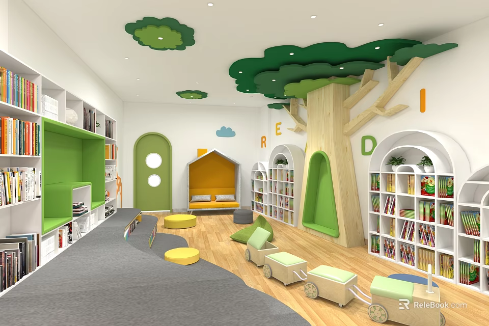 Cheerful Kindergarten Classroom With Bookshelves Decorative Tree Colorful Seats And Toys 3d model 