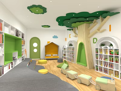Cheerful Kindergarten Classroom With Bookshelves Decorative Tree Colorful Seats And Toys 3d model