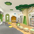 Cheerful Kindergarten Classroom With Bookshelves Decorative Tree Colorful Seats And Toys