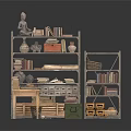 Vintage Storage Shelves With Books Statue Vases Wooden Table And Boxes