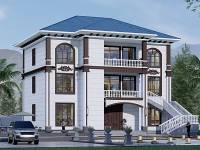 Two Story Detached Villa With White Exterior Blue Roof Front Balcony Staircase And Mountain View 3d model