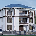 Two Story Detached Villa With White Exterior Blue Roof Front Balcony Staircase And Mountain View