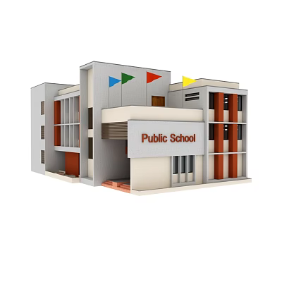 Public School Building Exterior With Colorful Flags And Entrance Architecture Design 3d model