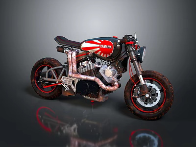 YAMAHA Custom Motorcycle With Red And Black Body Exposed Engine And Thick Tires 3d model
