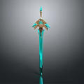 Ornate Blue And Golden Sword With Decorative Hilt Guard And Pointed Tip