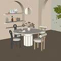Round White Dining Table with Pedestal Base and Mixed Tone Chairs Decorative Shelves Natural Light