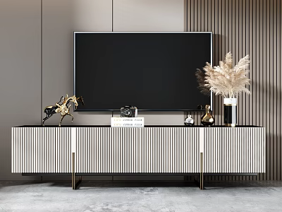 Modern TV Stand with Striped Design Gold Legs and Decorative Pampas Grass in Living Interior 3d model
