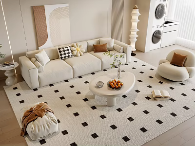 Modern Living Room Sofa Coffee Table Set With Decorative Pillows And Checkered Rug 3d model