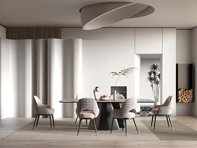 Modern Restaurant Interior With Round Dining Table Comfortable Chairs Modern Ceiling Light And Potted Plant 3d model