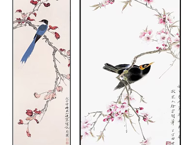 Traditional animal paintings with birds on flower branches red pink blossoms blue black feathers 3d model