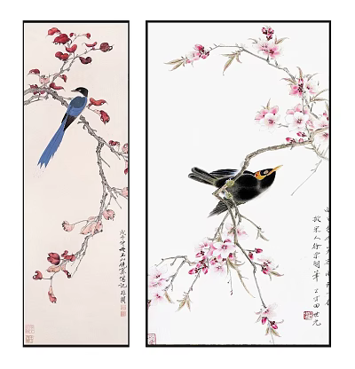 Traditional animal paintings with birds on flower branches red pink blossoms blue black feathers 3d model