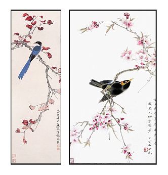 New Chinese Animal Painting Fresh and Elegant Red Leaf Flower and Bird Pattern Hanging Picture Combination 3d model