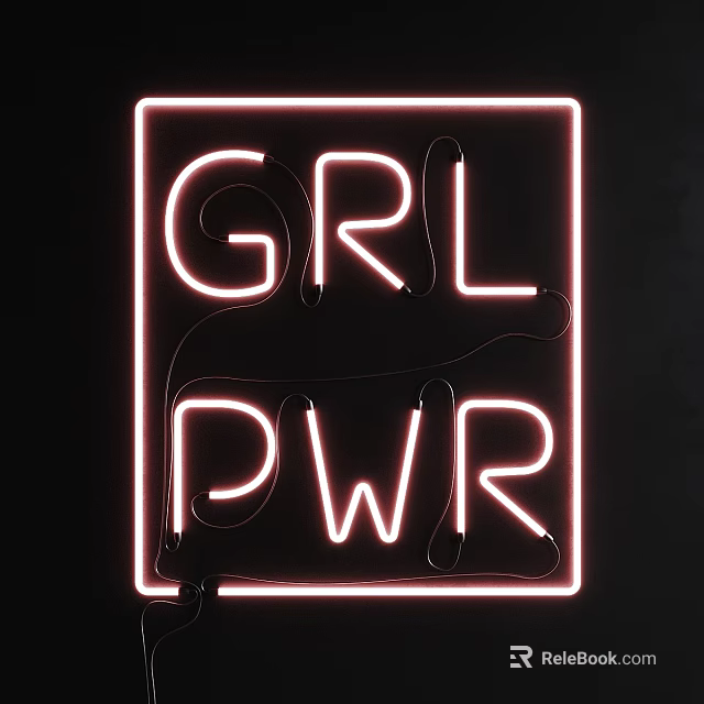 Decorative Neon Light with Pink Glowing Girl Power Letters in Square Frame on Black Background 3d model 