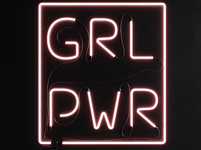 Decorative Neon Light with Pink Glowing Girl Power Letters in Square Frame on Black Background 3d model