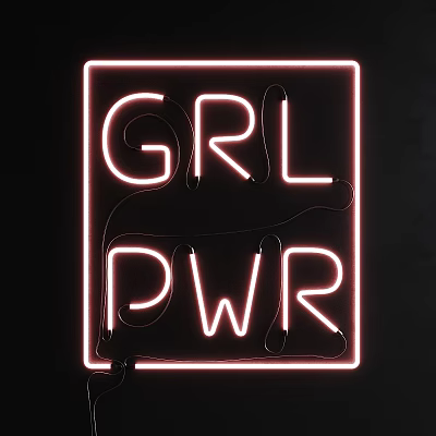 Decorative Neon Light with Pink Glowing Girl Power Letters in Square Frame on Black Background 3d model