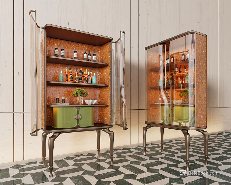 Modern Wine Cabinets With Glass Doors Metal Frame And Decorative Bottles 3d model 