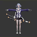 Anime Character With Light Blue Hair Blue White Coat Black Shorts Two Swords Standing Pose