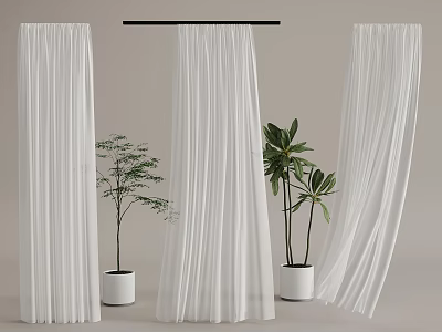 Lightweight White Curtains Flowing in Interior with Green Plants and White Planters 3d model