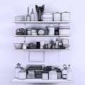 Organized Kitchenware Storage On Shelves With Various Containers Utensils And Bowls