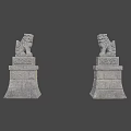 Mythical Stone Lion Statues As Game And Movie Characters With Ancient Pedestal And Red Symbol