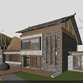 Traditional Modern Guesthouse Building With Sloped Roof Stone Wood Walls And Wooden Terrace Garden