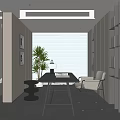 Modern Office Interior With Large Windows Blinds Bookshelves Desk And Potted Plant