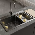 Stainless Steel Kitchen Sink With Faucet Water Flowing Lemons And Cutting Board On Marble Countertop